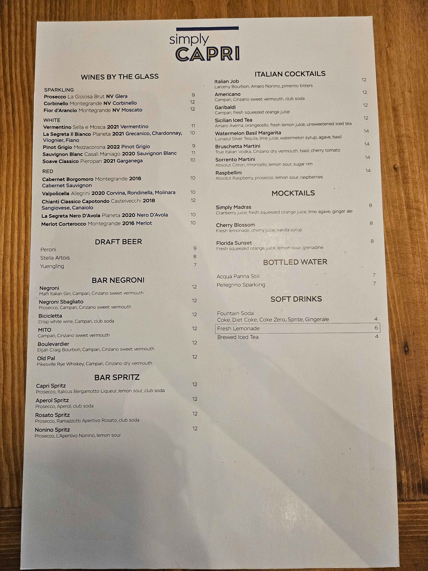 white menu with beverage selections